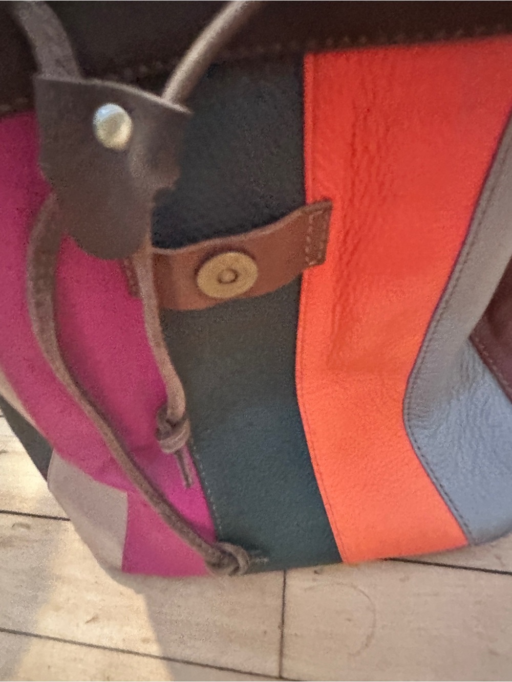 Multicolor Leather Patchwork Drawstring Backpack - Pink/Maroon - Picture 7 of 9